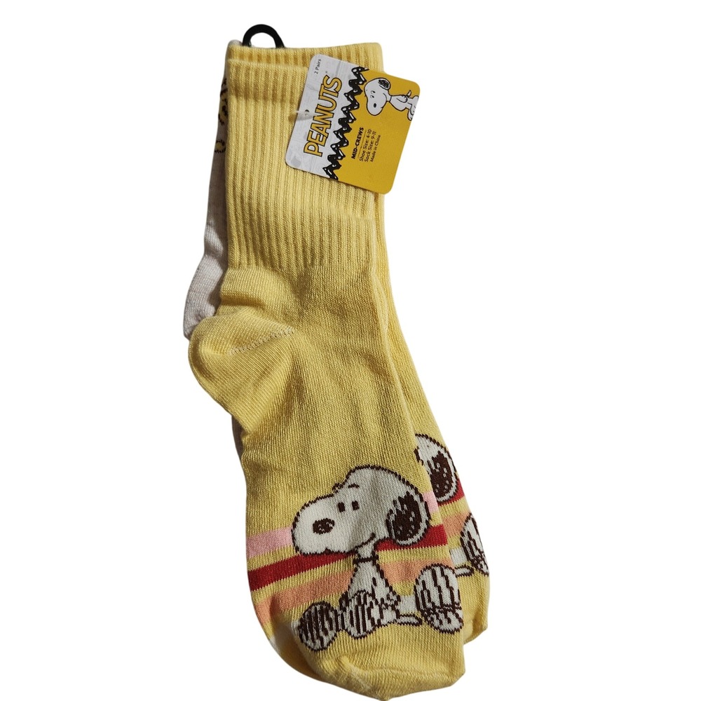 Peanuts Snoopy & Woodstock Socks 2-Pair Pack Mid-Crew Shoe Size 4-10 NWT‎